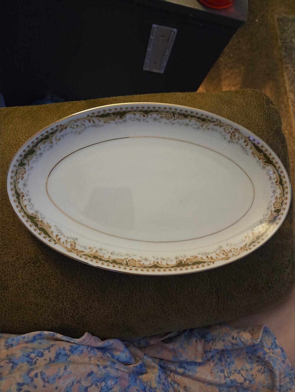 Queen Anne Signature Collection fine china oval platter featuring a green & gold
